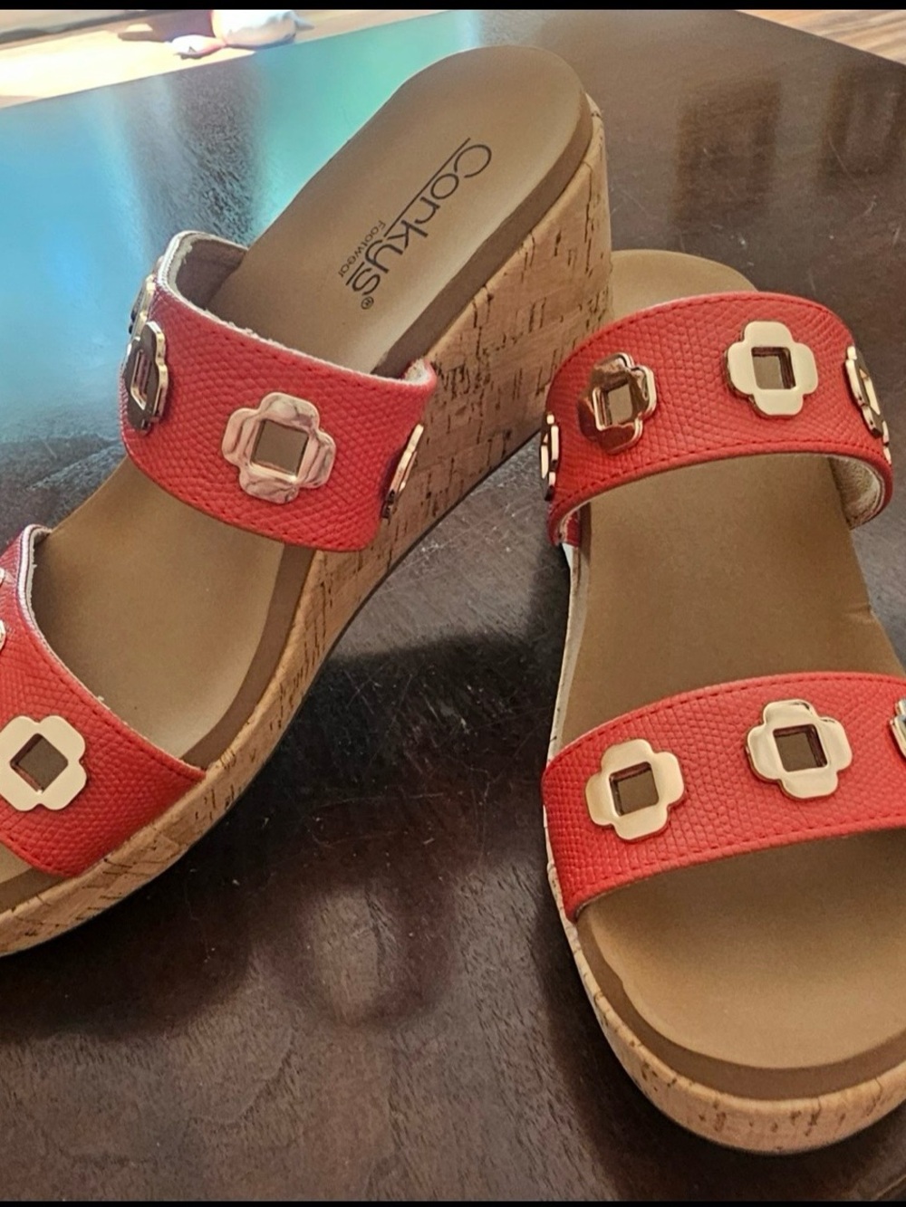 Corkys Red Cork Wedge Slide Sandals with Silver Accents